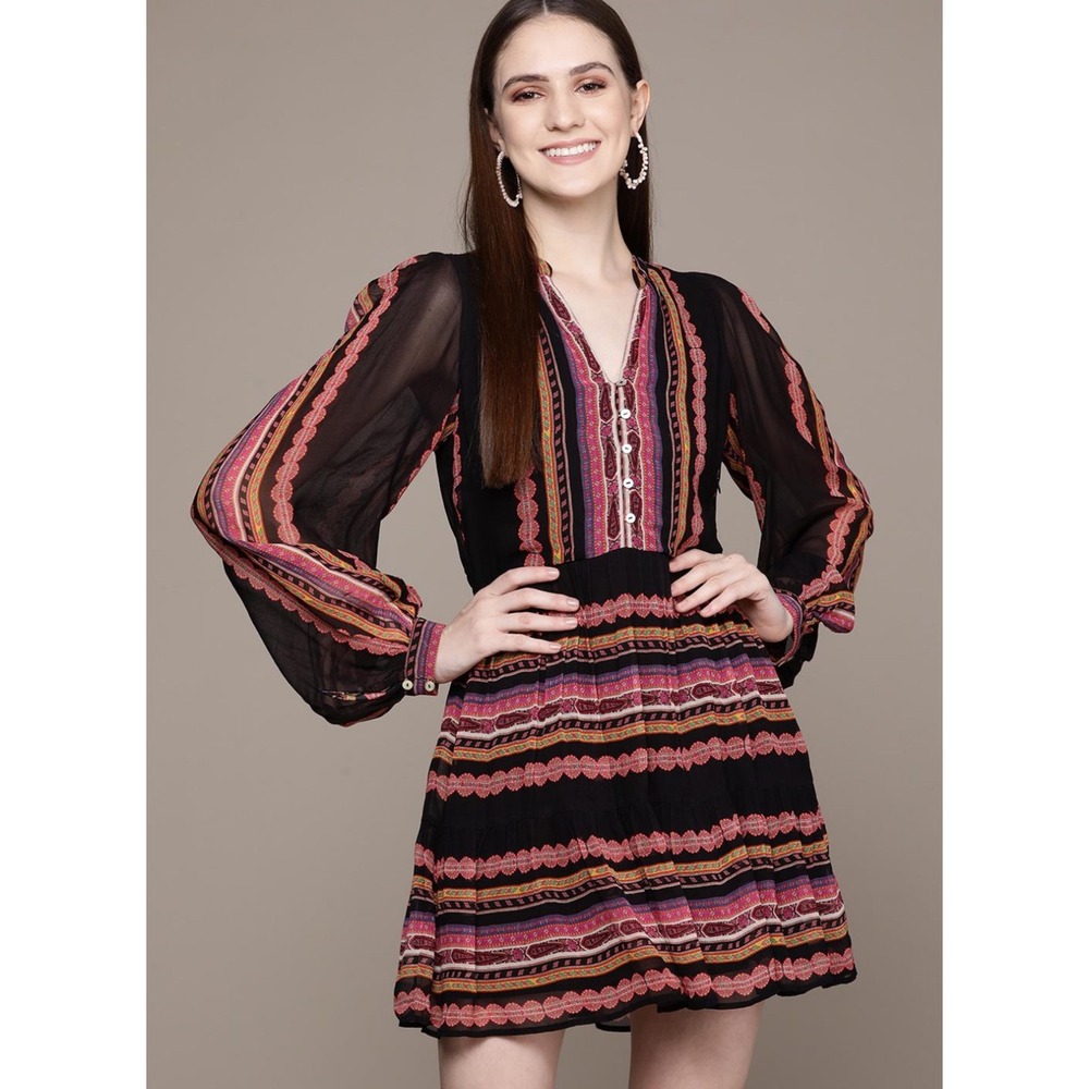 Label Ritu Kumar Esme Border Print Mini Dress Black Multi Viscose Georgette Sz M